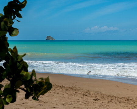 Paysage littoral avec de la v&eacute;g&eacute;tation tropicale, des raisiniers sur une plage de sable blanc avec une vague et une mer des Cara&iuml;bes bleue turquoise avec un rocher &agrave; l'arri&egrave;re plan et un ciel d&eacute;gag&eacute;