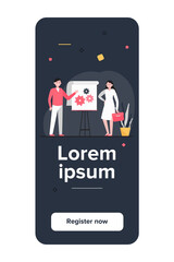 Manager presenting technical solution. Speaker pointing hands at gears on flipchart flat vector illustration. Presentation, engineering concept for banner, website design or landing web page