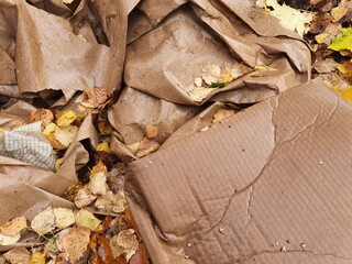 Crumpled wrapping paper and recycled cardboard boxes lie outside in the wet autumn foliage.