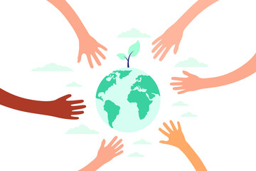 vector illustration, hands close the planet from pollution, save the planet, a small process of a plant, save energy, Earth Day concept - vector