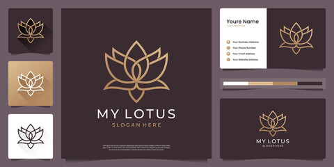 Fototapeta na wymiar Lotus flower golden gradient line art style logo and business card