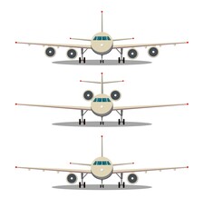 Fototapeta na wymiar Airplane front view. Passenger or commercial jet isolated on background. Aircrfat in flat style. Set. Vector illustration