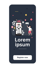 Boy waving hello at humanoid on smartphone screen. Chat bot, virtual assistant, mobile phone flat vector illustration. Technology, childhood concept for banner, website design or landing web page