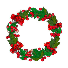 autumn wreath, round frame with red viburnum berries and leaves. Forest border, hand drawing.Template for invitations, packaging, greeting cards.