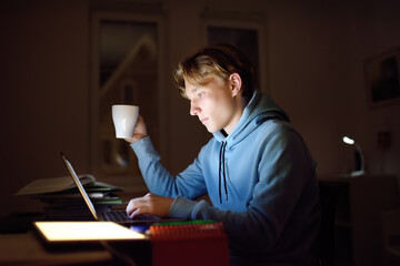 Concentrated young man working night at home office with laptop and tablet pc. Remote working, distance learning, additional education, freelance - modern technologies during coronavirus quarantine