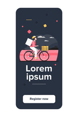 Courier riding bike with parcels. Man on bicycle carrying boxes in cart and backpack flat vector illustration. Delivery service, job concept for banner, website design or landing web page