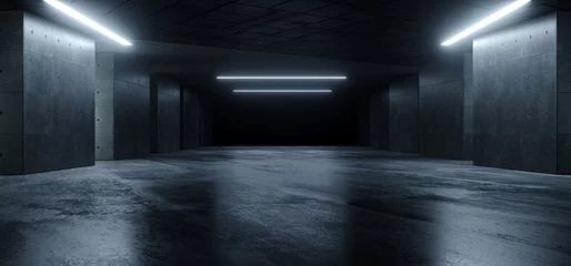 U-Bahn-Sci-Fi-Beton-Zement-Hintergrund Dunkle reflektierende Showroom-Parkplätze Weiße Lichter Moderne elegante 3D-Darstellung © IM_VISUALS