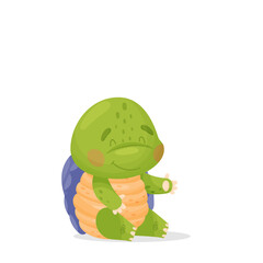 Cute cartoon character. A green turtle with a purple shell and a yellow belly, sits on the floor and smiles. Isolated vector illustrations on white background.