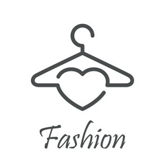 Tienda de ropa. Logotipo lineal texto Fashion con corazón en percha gris