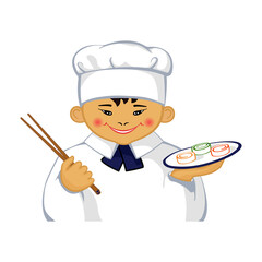 Smiling cartoon Asian little chef with sushi. Logo vector colorful icon isolated on white background. Hand drawing.