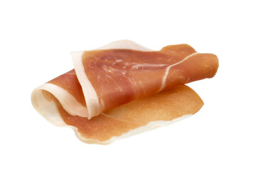 Italian prosciutto crudo or jamon. Raw ham. Isolated on white background.