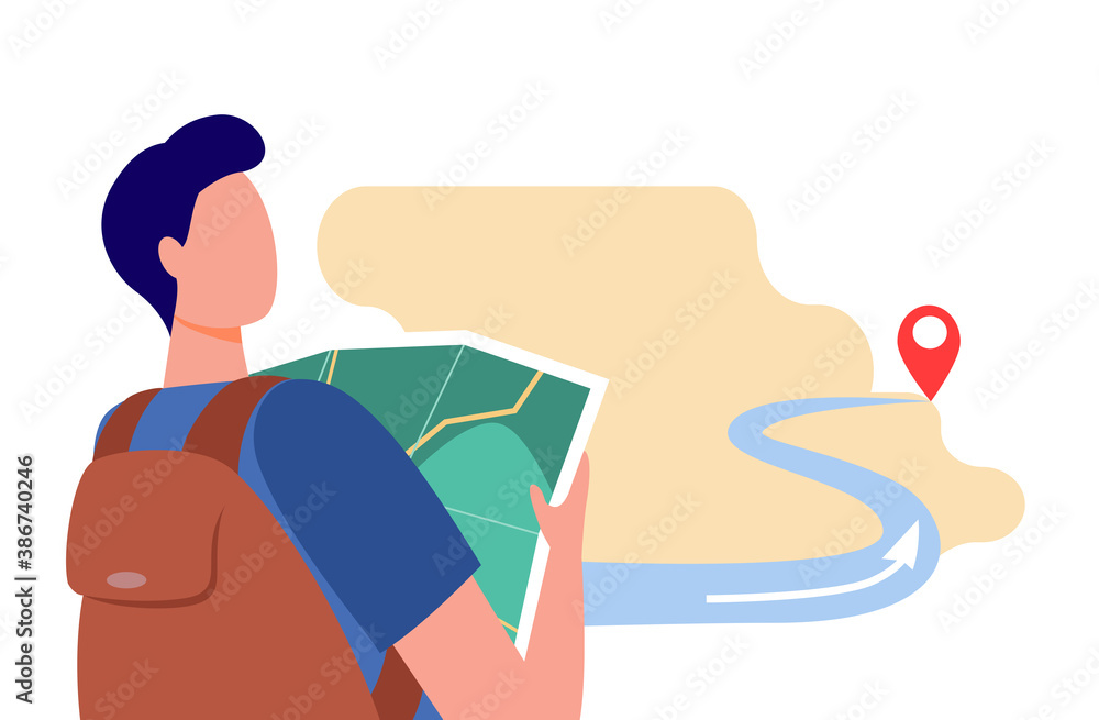 Poster man looking for route on map. geolocation, direction. flat vector illustration. navigation concept c