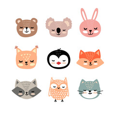 Vector hand drawn set of animal faces. Funny fairy tale, forest animal faces. Sticker, print for cards, posters t-shirts other clothes and more.