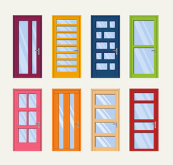 Set door icon. Cartoon colourful front doors. Vector illustration in minimalistic flat design style.