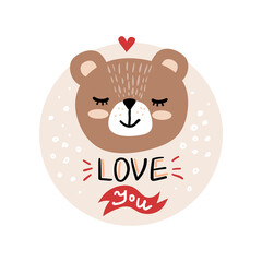 Vector, clip art, hand drawn Valentines day illustration. Funny fairy tale, forest animal, bear face. Sticker, print for cards, posters t-shirts other clothes and more