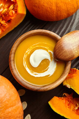 Autumn pumpkin cream soup closeup