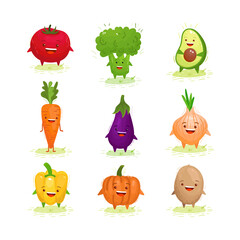 Cute kawaii smiling vegetables. Healthy style collection.