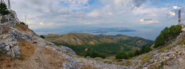 A view towards Albania across the Ionian sea from Mount Pantokrator, the highest peak on Corfu island, Greece