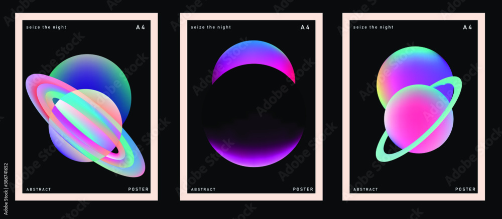Poster set of minimal posters with abstract composition of glowing neon planets. synthwave and vaporwave st