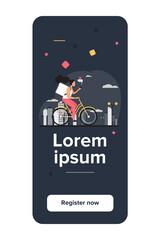 Courier riding bike and checking address on phone. Woman delivering order, using cell with map flat vector illustration. Delivery service concept for banner, website design or landing web page