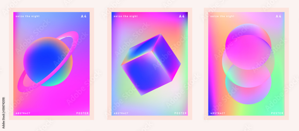 Aufkleber Set of minimal posters with abstract composition of glowing neon shapes and planets. Synthwave and vaporwave style covers for music or dance event.