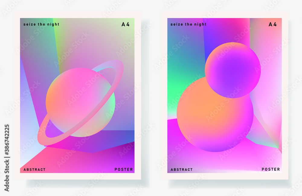 Poster set of minimal posters with abstract composition of glowing neon planets. synthwave and vaporwave st