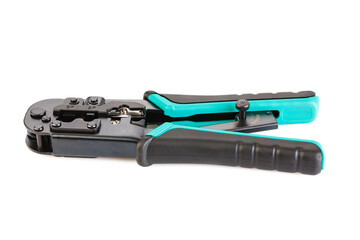 Modular crimper for RJ-45 and RJ-11 isolated on white background. internet or telephone line cables and crimper. Crimping connector RJ45 and LAN cable. Full depth of field. Close-up