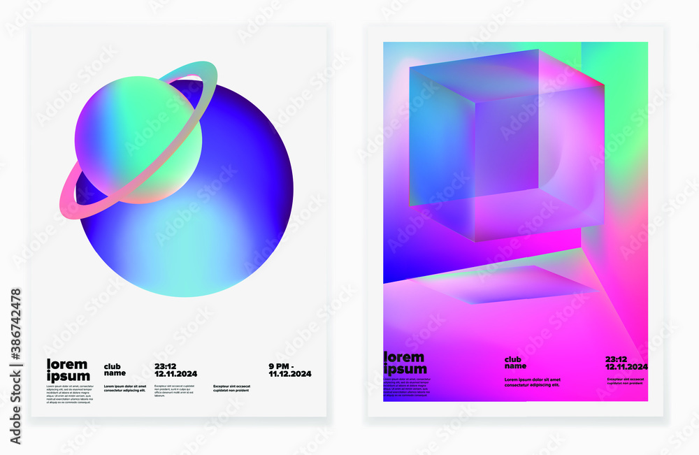 Aufkleber Set of minimal posters with abstract composition of glowing neon shapes and planets. Synthwave and vaporwave style covers for music or dance event.