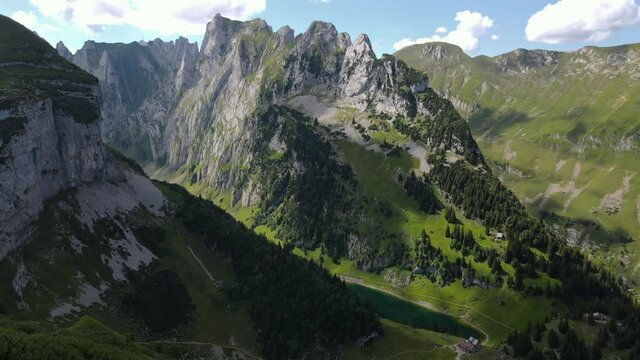 Aerial view on Falensee lake in Appenzeller Alps in eastern Switzerland