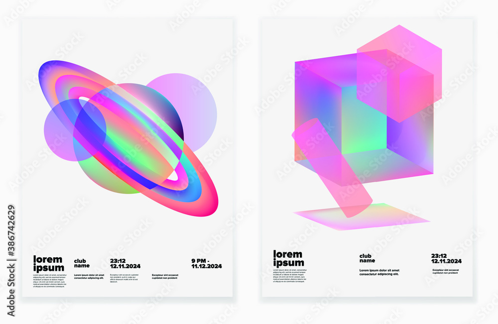 Aufkleber Set of minimal posters with abstract composition of glowing neon shapes and planets. Synthwave and vaporwave style covers for music or dance event.