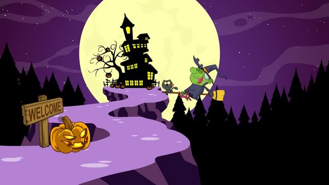 Halloween Witch And Cat Flying On A Broom Stick. 4K Animation Video Motion Graphics With Landscape Background And Text