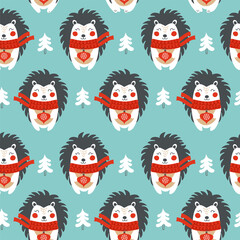Seamless pattern with hedgehog. Christmas pattern. Vector
