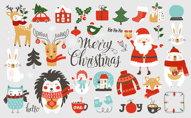Christmas and New Year set with cute animals. Vector