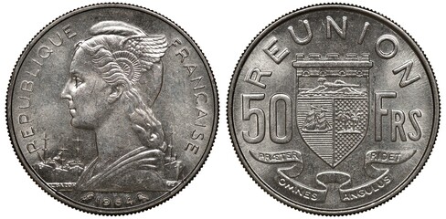 French Reunion coin 50 fifty francs 1964, female head in liberty cap with small wings and rosette, port with ships behind, shield divides denomination, ribbon below,