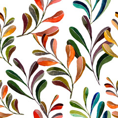 Watercolor hand drawn autumn bush branches seamless pattern on white background. Raster illustration. Design for covers, packaging, textile and wallpapers. Artistic season fall.