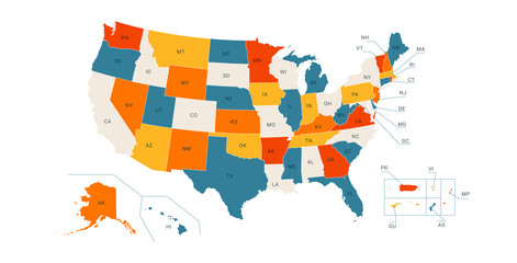 Colored Political US Map with titles of the states. All USA regions are separated and named in a layer panel.