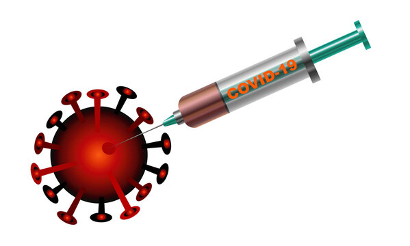Spritze mit Impfung sticht in den Coronavirus. Vektordatei