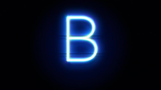 Neon font letter B uppercase appear in center and disappear after some time. Animated blue neon alphabet symbol on black background. Looped animation.