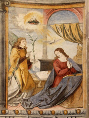 l'Annunciazione; affresco nel santuario di Santa Maria a Baselga di Bresimo (Trentino) - obrazy, fototapety, plakaty