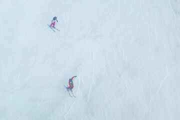 Man doing winter sport outside. Shot from above.