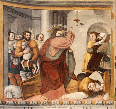 Gesù scaccia i mercanti dal tempio; affresco nel santuario di Santa Maria a Baselga di Bresimo (Trentino)