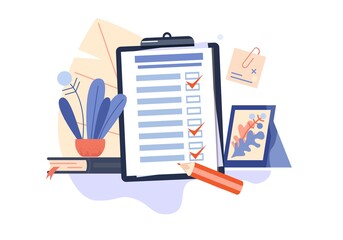 Checklist, to-do list vector illustration. List or notepad concept. Near office supplies. Decorative large leaves. Business idea, planning. Cock or alarm