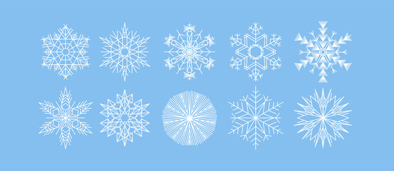 Vector set of snowflakes. Winter blue christmas snow flake crystal element. Xmas frost flat isolated silhouette symbol. Weather illustration ice collection.