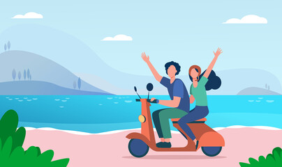 Man and woman riding moped near river. Trip, nature. Flat vector illustration. Travelling concept can be used for presentations, banner, website design, landing web page