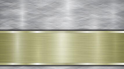 Background consisting of a silver shiny metallic surface and one horizontal polished golden plate located below, with a metal texture, glares and burnished edges