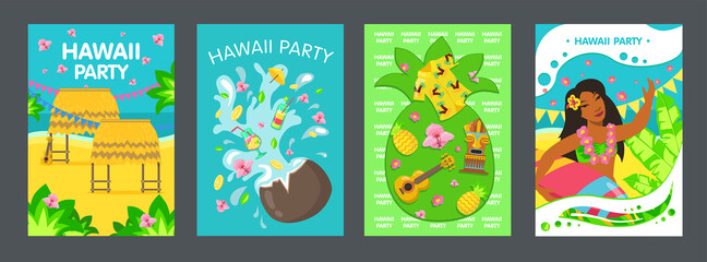 Hawaiian party tropical posters design. Girl, coconut cocktail, pineapple, beach. Vector illustration set can be used for invitations, advertising, posters