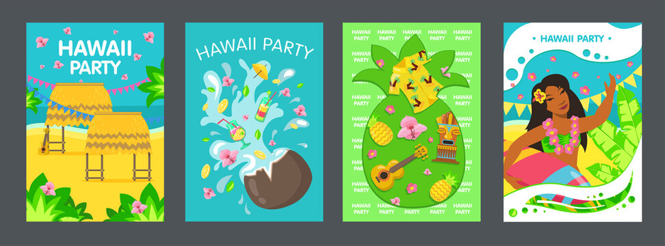 Hawaiian party tropical posters design. Girl, coconut cocktail, pineapple, beach. Vector illustration set can be used for invitations, advertising, posters