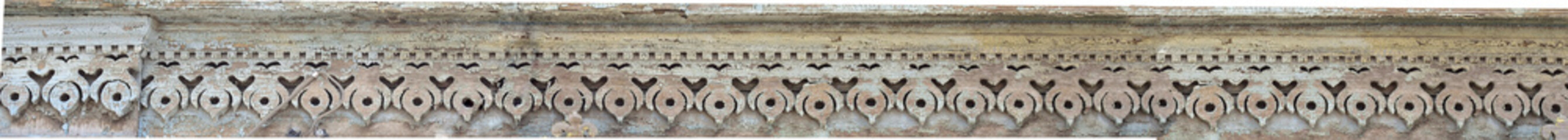 Protective ornament of the wind board of the roof of the stylized spear, fortress wall and birds