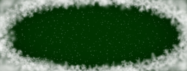 Christmas background of snowflakes of different shape, blur and transparency, arranged in a ellipse, on green background