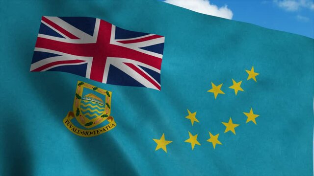 Tuvalu flag waving in the wind, blue sky background. 4K